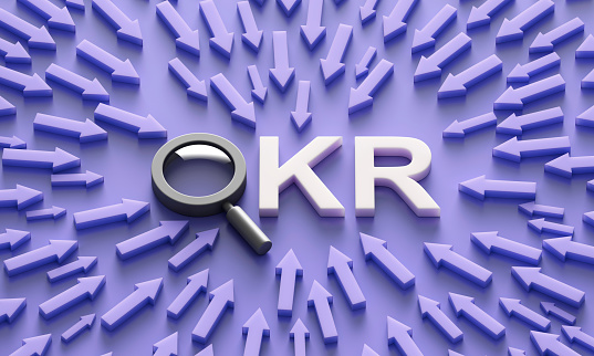 OKR letters and arrows on blue background. 3d illustration