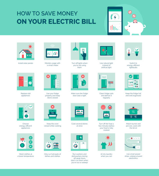 ilustraciones, imágenes clip art, dibujos animados e iconos de stock de cómo ahorrar dinero en tu factura de electricidad - saving electricity