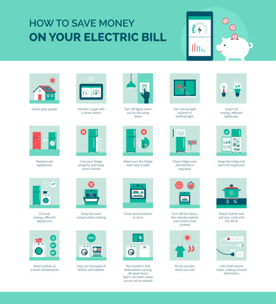 illustrations, cliparts, dessins animés et icônes de comment économiser de l’argent sur votre facture d’électricité - house currency expense finance