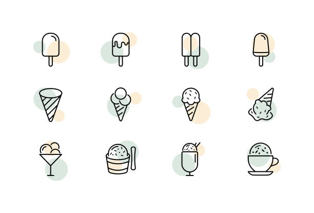 ilustrações de stock, clip art, desenhos animados e ícones de ice cream set icon. cone, on a stick, in glaze, in chocolate, wafer, sugar cup, ice cream ball, etc. sweety concept. vector line icon for business and advertising - cone