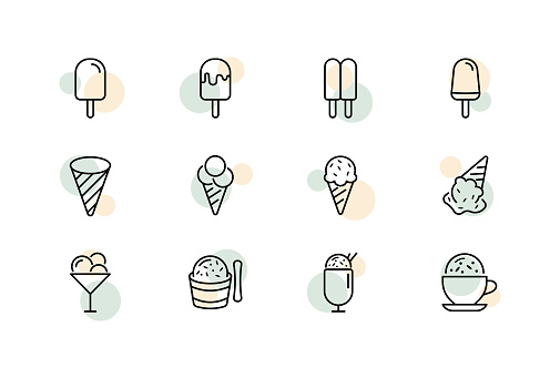 Ice cream set icon. Cone, on a stick, in glaze, in chocolate, wafer, sugar cup, ice cream ball, etc. Sweety concept. Vector line icon for Business and Advertising