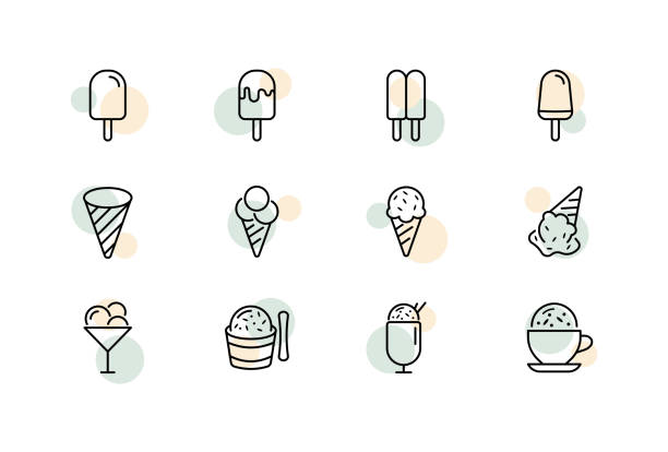 Ice cream set icon. Cone, on a stick, in glaze, in chocolate, wafer, sugar cup, ice cream ball, etc. Sweety concept. Vector line icon for Business and Advertising Ice cream set icon. Cone, on a stick, in glaze, in chocolate, wafer, sugar cup, ice cream ball, etc. Sweety concept. Vector line icon for Business and Advertising whip cream dollop stock illustrations