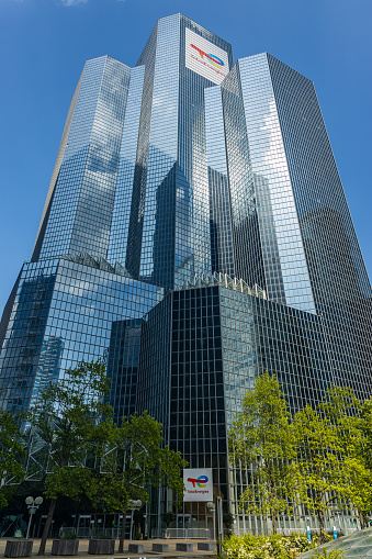 Total Energies coupole tower, the headquarters building of the French company in La Défense business district, Paris
