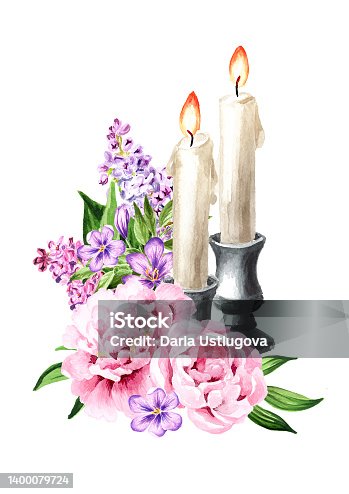 istock Candles and Decorative bouquet of flowers for a festive greeting card, invitation, leaflet. Hand drawn watercolor illustration isolated on white background 1400079724