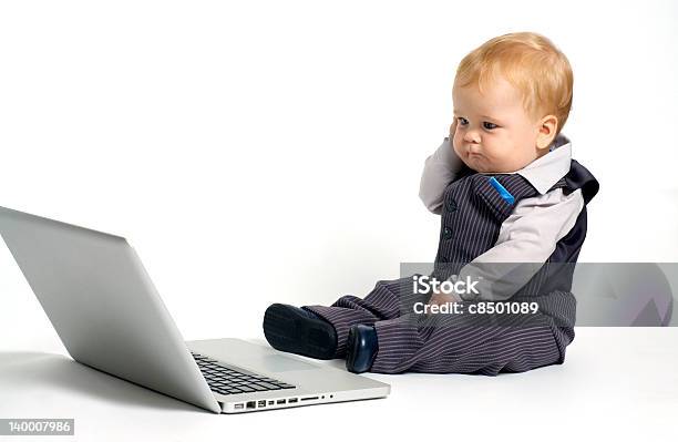 Baby Thinking Laptop Stock Photo - Download Image Now - Baby - Human Age, Working, 12-17 Months