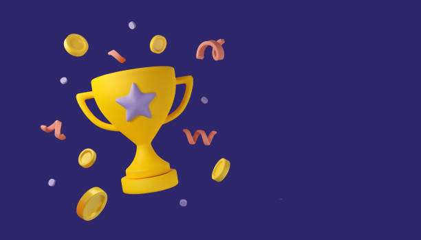 3d trophy cup web template 3d trophy cup banner. Vector prize award with coins and confetti illustration template, isolated on dark background trophy award stock illustrations