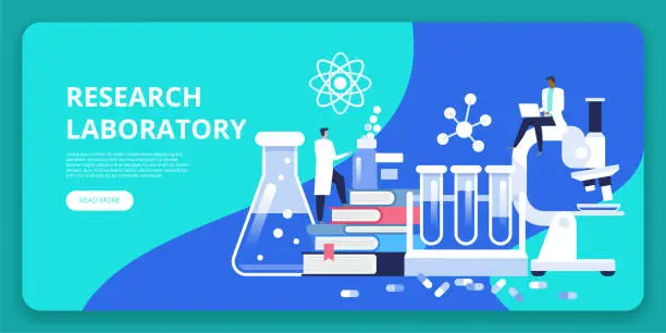 Vector illustration of Research laboratory. Scientist working at laboratorium. Man and woman conducting research in a lab.