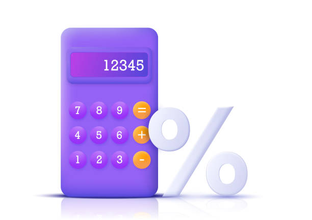 ilustrações de stock, clip art, desenhos animados e ícones de the percentage sign on the background of a calculator in a modern 3d style. calculator and percentages are isolated on a white background. vector illustration - calculator isolated white background mathematical symbol