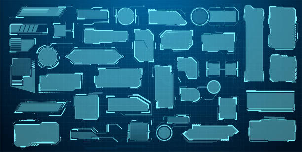 HUD futuristic display screen frames and infoboxes, sci fi game interface. Hologram high tech screen, modern interface window. Modern description banner. Callout bar titles set. Vector illustration HUD futuristic display screen frames and infoboxes, sci fi game interface. Hologram high tech screen, modern interface window. futurism stock illustrations