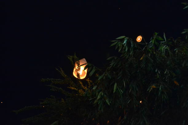 istock Two paper lanterns are floating up into the night sky above trees 1400082301