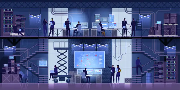 Vector illustration of Professional IT Engineers Working in System Control Center Full of Monitors and Servers. Supervisor Holds Laptop and Holds a Briefing. Possibly Government Agency Conducts Investigation. Vector illustration