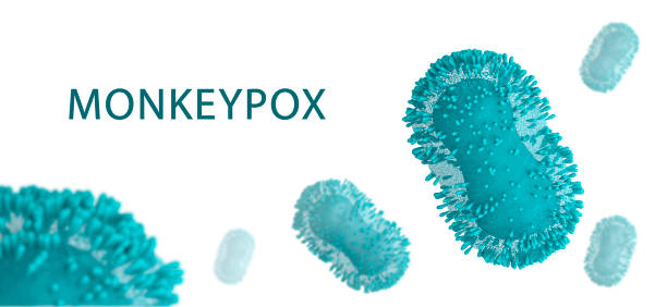 banner with monkey pox molecules in turquoise color. 3d render - 猴痘 插圖 個照片及圖片檔
