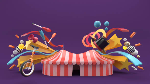 istock Carnival tents surrounded by carnival object on a purple background.-3d rendering.