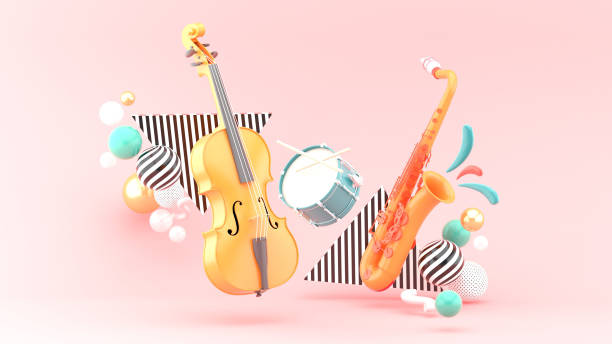 Double bass, drum, saxophone surrounded by colorful balls on a pink background.-3d rendering."n stock photo