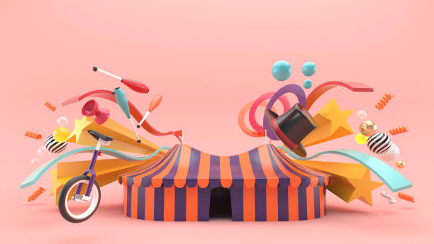 Carnival tents surrounded by carnival object on a pink background.-3d rendering.\