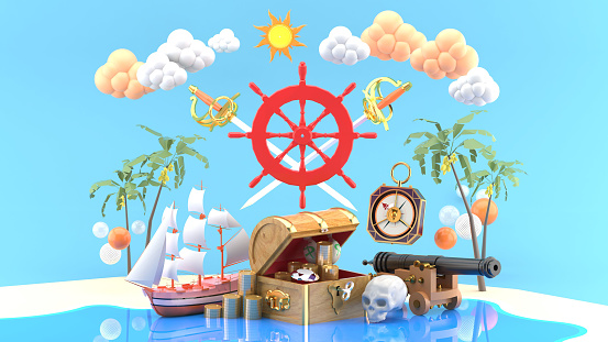 The boat steering wheel is surrounded by Pirate ship, card chest, cannon and compass on the beach.-3d rendering.\