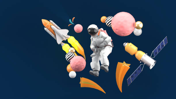 The astronauts are surrounded by space shuttle, meteorites and satellites on a blue background.-3d rendering."n stock photo