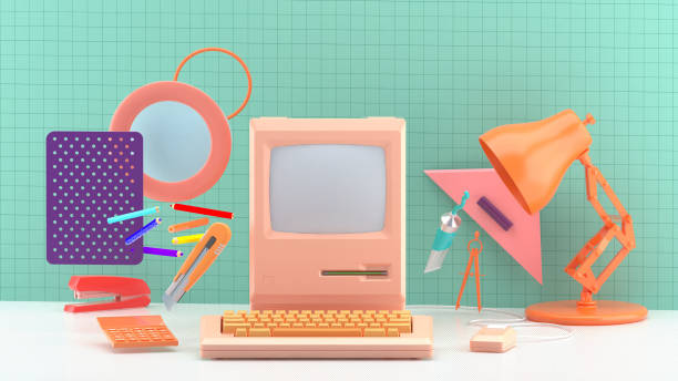 istock The old computer is surrounded by a stationery on a blue background.-3d rendering.