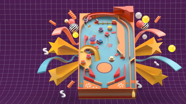 Pinball game surrounded by stars and ribbons on a purple background.-3d rendering."n stock photo