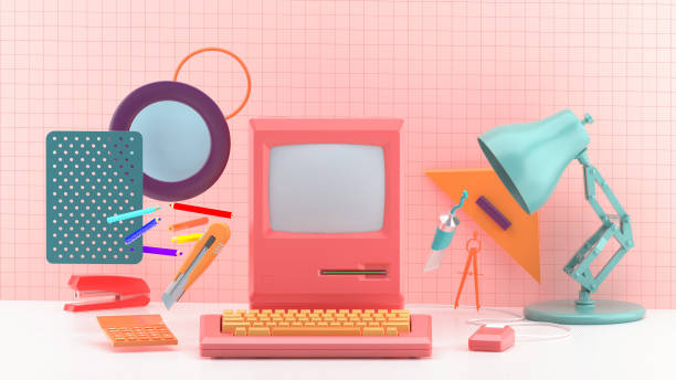 istock The old computer is surrounded by a stationery on a pink background.-3d rendering.