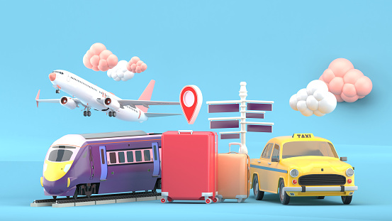 Suitcase surrounded by taxis, electric trains and planes on a blue background.-3d rendering.\