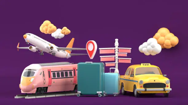 Photo of Suitcase surrounded by taxis, electric trains and planes on a purple background.-3d rendering.