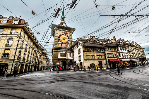 Busy Day Near Zytglogge Clocktower In Center Of Bern, Switzerland