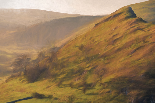 Digital painting of a sunset on Parkhouse Hill and Chrome Hill from Hitter Hill in the Peak District National Park.