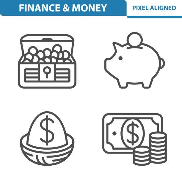 finanzen, geldsymbole. reichtum, schatz-icon-set - 401k stock-grafiken, -clipart, -cartoons und -symbole