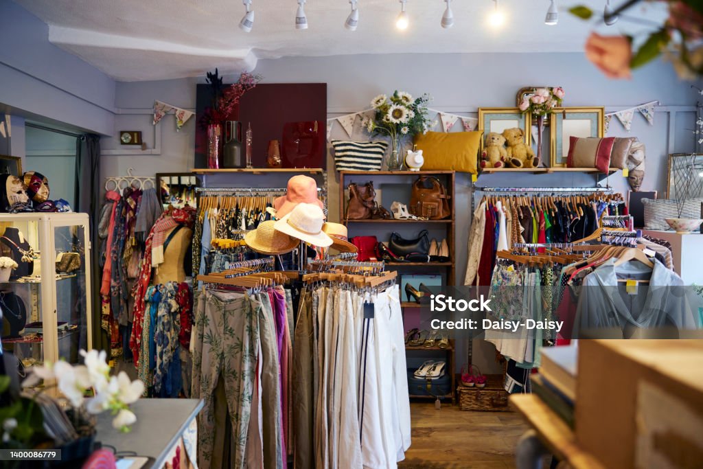 Interior Of Charity Shop Or Thrift Store Selling Used And Sustainable Clothing And Household Goods Thrift Store Stock Photo