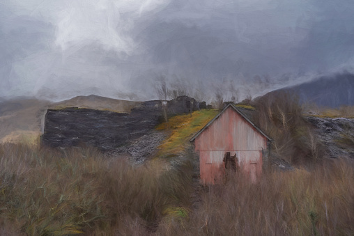 Digital painting of an abandoned Cornish Beam Engine at Dorothea Slate Quarry, Nantlle Valley, Wales, Gwynedd, UK