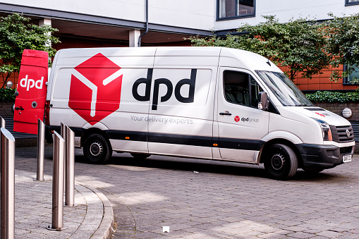 Epsom Surrey, London UK, May 28 2022, DPD Courier Truck or Van Onloading Goods At Destination With No People
