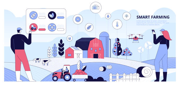 Smart farming with workers using AR vector concept Smart farming with workers using AR for control and monitoring field. Digital agriculture and IOT technology. Farm management. Panoramic vector illustration for banner, website, print or mobile app precision agriculture stock illustrations