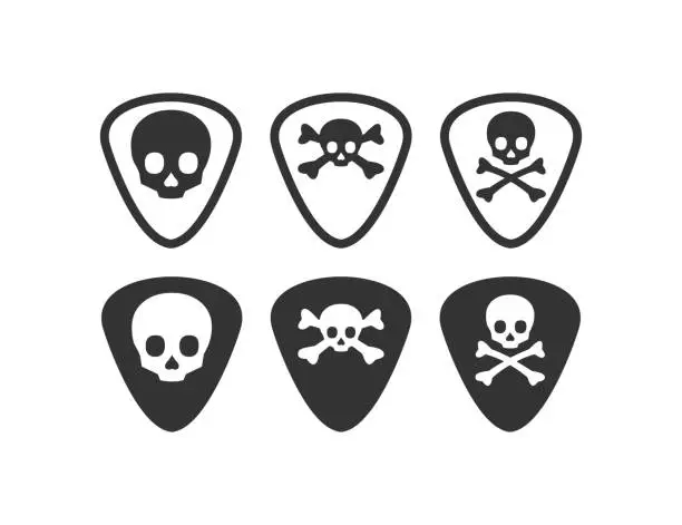 Vector illustration of Skull and bones guitar pick icon. Mediator for playing the guitar symbol. Sign plectrum vector.