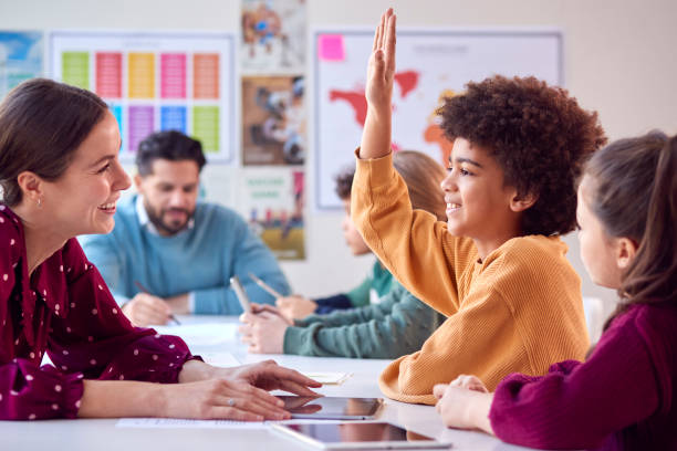 istock Group Of Multi-Cultural Students With Teachers In Classroom Putting Hand Up To Answer Question 1400093030