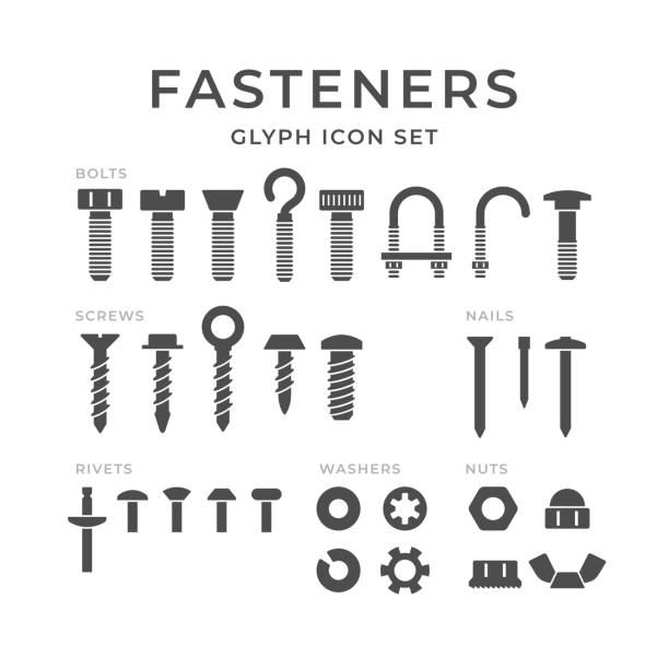 Set glyph icons of fasteners Set glyph icons of fasteners isolated on white. Bolt, screw, nail, nut, washer, rivet. Vector illustration bolt fastener stock illustrations