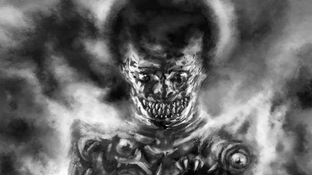 istock Scary devil emerge from fog and look with evil eyes. Illustration in horror fantasy genre. Gloomy character from nightmares. Coal and noise effect. Black and white background colors. 1400093101