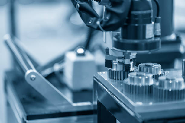 istock The hi-technology  material handling process by robotic system with metal gear parts. 1400093148