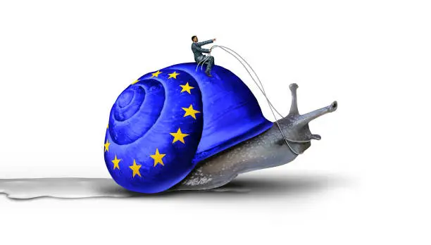Slow European Union and EU economy and slowing Europe economic growth as a Euro financial challenge or stagflation problems and slow political Brussels legislation by politicians in a 3D illustration style.