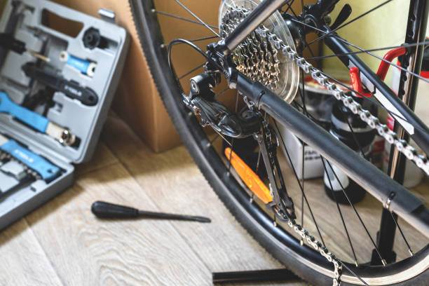 istock Bicycle rear wheel chain change with wrench set 1400093485