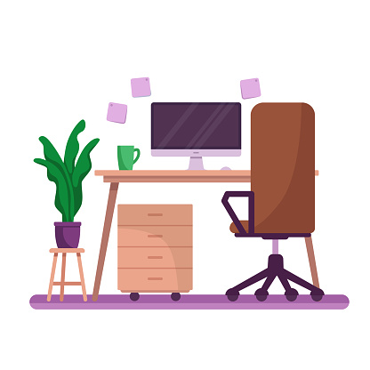 Office interior flat vector illustration. Cartoon desk with computer, chair and potted plant. Cozy workplace at home isolated on white background, modern minimal workspace inside