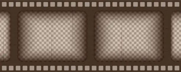 Vector illustration of Old brown cinematic frame on a transparent background. Scratched vintage video or photo tape. 3d realistic screen in retro style with grunge pattern. Antique slide template. Vector card illustration