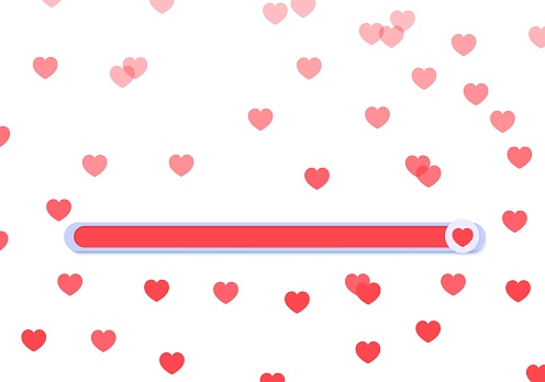 Line of sliders for determining the level of approval. Movable simple buttons with red hearts, appreciating lively like. Element template for head on social media, mobile app, feedback swipe.
