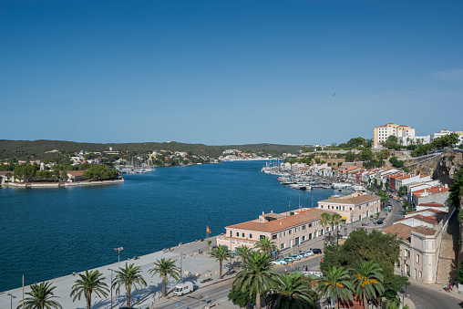 Port of Mahon, Menorca, Balearic Islands, Spain. It is on the east coast of the island and is one of the largest natural harbours in the Mediterranean