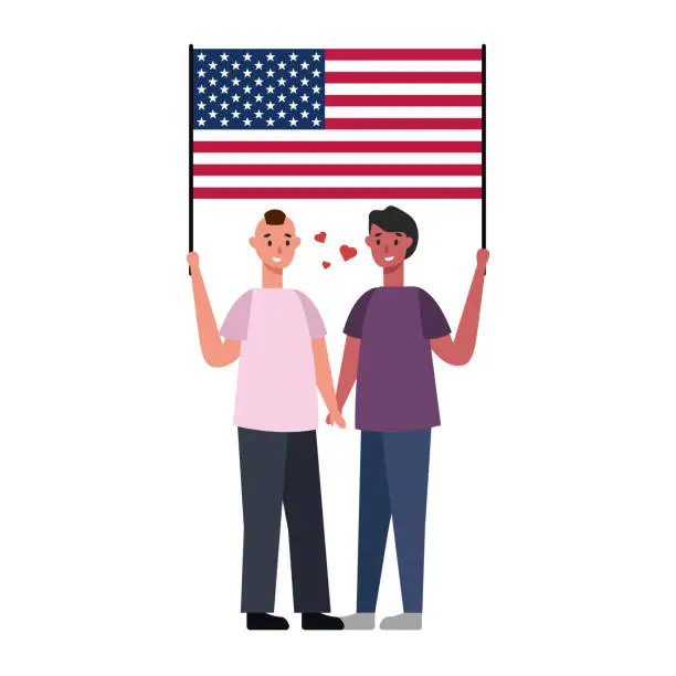 Vector illustration of LGBT family with USA flag, two men white background - Vector