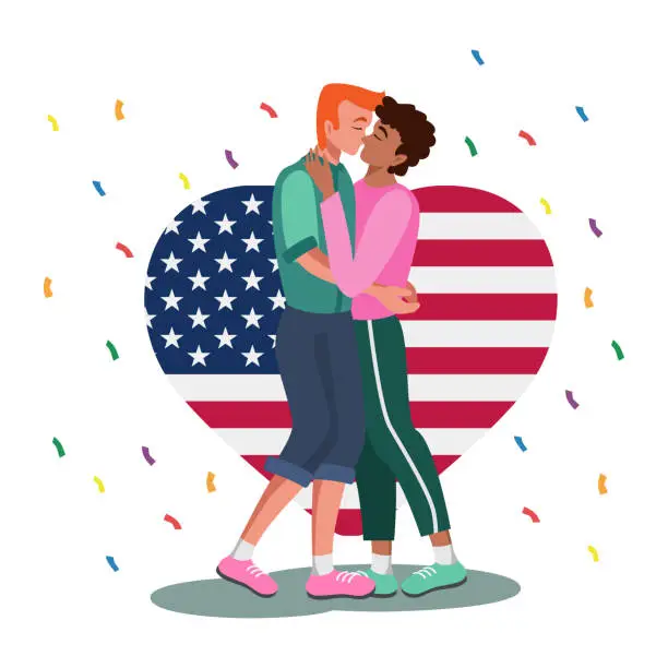 Vector illustration of LGBT family on the background of the USA flag, two men kissing on a white background - Vector