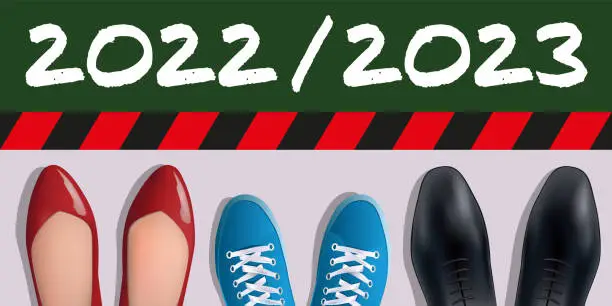 Vector illustration of The start of the 2023 school year with as a symbol the shoes seen from above the teachers and a student.