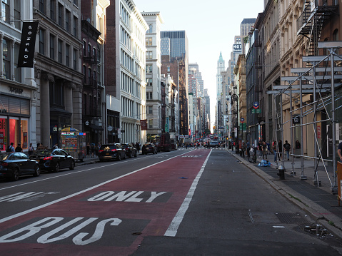 New York, USA - June 21, 2019: Image of the bus lane on Broadway.