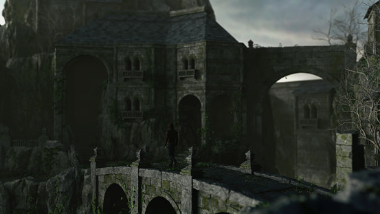 Man in hoodie walks on a bridge of an ancient castle at sunrise. 3D render.