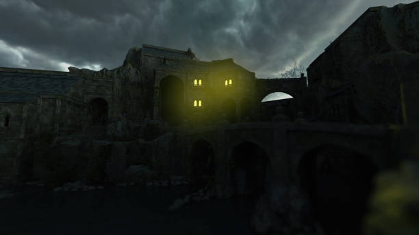 istock Ancient fortress with illuminated windows under a dark cloudy sky at twilight. 3D render. 1400099765